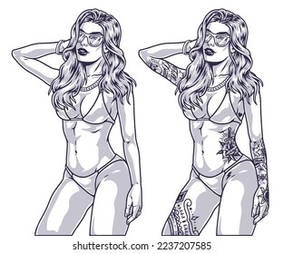 Beach tattoo girl monochrome emblem Chicano style beautiful woman dressed in bikini and sunglasses for going to pool vector illustration