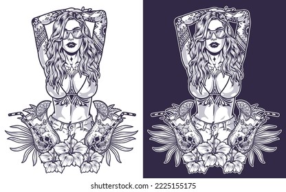 beach tattoo girl sticker monochrome portrait of woman in bra with cocktails for tropical party during summer travel vector illustration