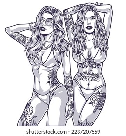 Beach tattoo girls monochrome emblem two models with gangster tattoos in bikinis posing standing up in daring pose vector illustration