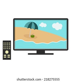 Beach in television. Tv channel showing a beach. White background. Isolated.