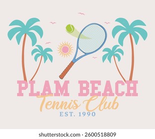 Beach Tennis club vector t-shirt design. Racket tournament. Tennis college league. College font. Newport Beach tennis league graphic print design.