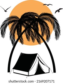 Beach Tent Beach Camping with palm trees and Flying seagulls 