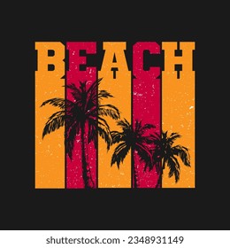 BEACH text with grunge shape and silhouette coconut trees vector drawing illustration design. Illustration for poster, t-shirt, banner, logo concept, etc. Beach vintage retro vector illustration.