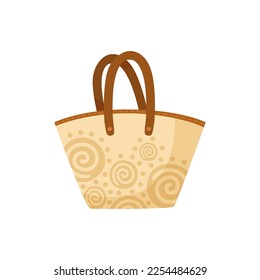 Beach textile bag with pattern for women vector illustration. Cartoon bag for vacation or holiday isolated on white background. Fashion, accessories, summer concept