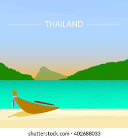 Beach Thailand. Thailand Boat on the island. Travel and tourism in the Asian countries. Long boat and tropical beach, Andaman Sea, Thailand