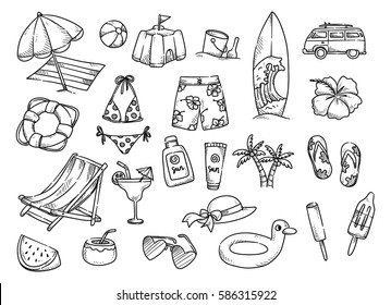 Beach theme doodle on white background 