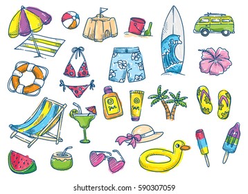 Beach Theme Doodle On White Background