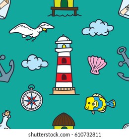 Beach theme doodle seamless pattern