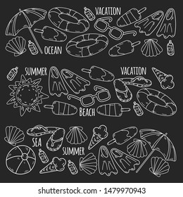 Beach theme doodle set. Various seaside sport activities and relaxation.