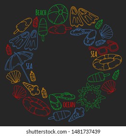 Beach theme doodle set. Various seaside sport activities and relaxation.
