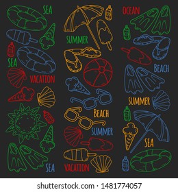 Beach theme doodle set. Various seaside sport activities and relaxation.