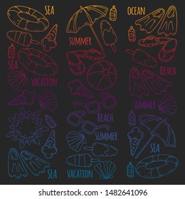 Beach theme doodle set. Various seaside sport activities and relaxation.