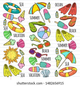 Beach theme doodle set. Various seaside sport activities and relaxation.