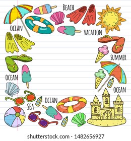 Beach theme doodle set. Various seaside sport activities and relaxation.