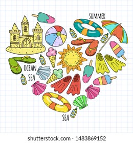 Beach theme doodle set. Various seaside sport activities and relaxation.