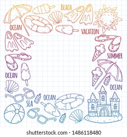 Beach theme doodle set. Various seaside sport activities and relaxation.