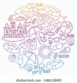 Beach theme doodle set. Various seaside sport activities and relaxation.