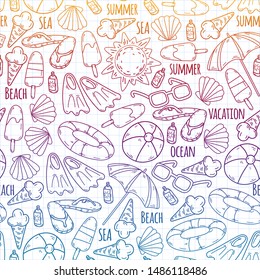 Beach theme doodle set. Various seaside sport activities and relaxation. seamless