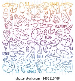 Beach theme doodle set. Various seaside sport activities and relaxation.