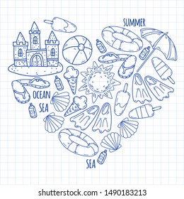 Beach theme doodle set. Various seaside sport activities and relaxation.