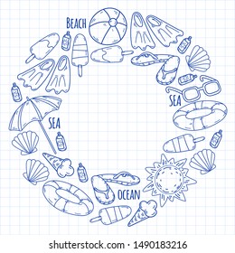 Beach theme doodle set. Various seaside sport activities and relaxation.