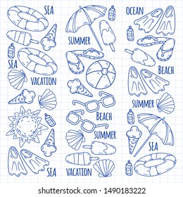 Beach theme doodle set. Various seaside sport activities and relaxation.