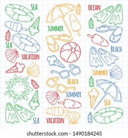 Beach theme doodle set. Various seaside sport activities and relaxation.