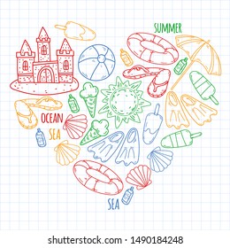 Beach theme doodle set. Various seaside sport activities and relaxation.