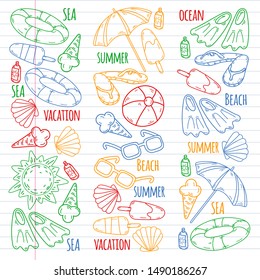 Beach theme doodle set. Various seaside sport activities and relaxation.