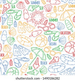 Beach theme doodle set. Various seaside sport activities and relaxation. seamless