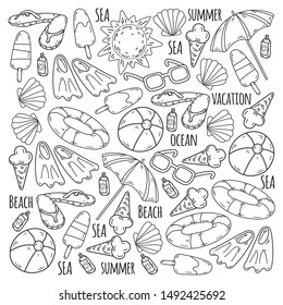 Beach theme doodle set. Various seaside sport activities and relaxation.