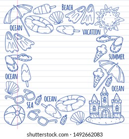 Beach theme doodle set. Various seaside sport activities and relaxation.