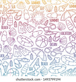 Beach theme doodle set. Various seaside sport activities and relaxation. seamless