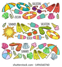 Beach theme doodle set. Various seaside sport activities and relaxation.
