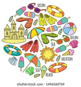 Beach theme doodle set. Various seaside sport activities and relaxation.