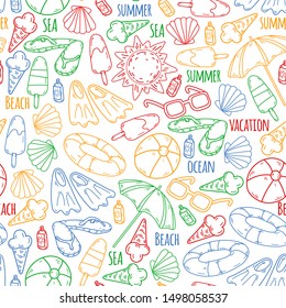 Beach theme doodle set. Various seaside sport activities and relaxation. seamless