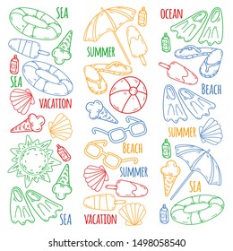 Beach theme doodle set. Various seaside sport activities and relaxation.