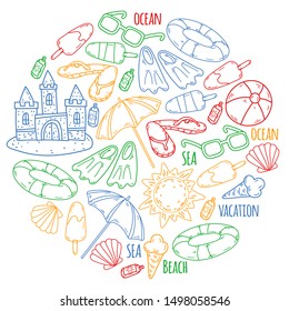 Beach theme doodle set. Various seaside sport activities and relaxation.