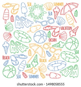 Beach theme doodle set. Various seaside sport activities and relaxation.