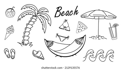 Beach theme doodle set. Various seaside sport activities and relaxation - surfing, beach volley, diving, swimming, sun tanning. Wildlife of the coast - seagull, crab, shark, jellyfish, seashells
