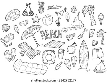 Beach theme doodle set. Various seaside sport activities and relaxation - surfing, diving, swimming, sun tanning.