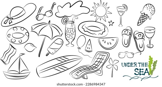 Beach theme doodle set. Various seaside sport activities and relaxation - surfing, beach volley, diving, swimming, sun tanning. Wildlife of the coast - seagull, crab, shark, jellyfish, seashells