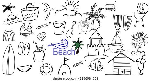 Beach theme doodle set. Various seaside sport activities and relaxation - surfing, beach volley, diving, swimming, sun tanning. Wildlife of the coast - seagull, crab, shark, jellyfish, seashells