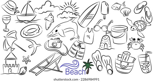 Beach theme doodle set. Various seaside sport activities and relaxation - surfing, beach volley, diving, swimming, sun tanning. Wildlife of the coast - seagull, crab, shark, jellyfish, seashells