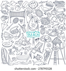 Beach theme doodle set. Various seaside sport activities and relaxation - surfing, beach volley, diving, swimming, sun tanning. Wildlife of the coast - seagull, crab, shark, jellyfish, seashells 