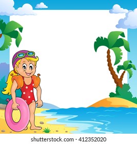 Marco de temática de playa con nadadora de niñas - ilustración vectorial eps10.