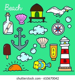 Beach theme hand drawn doodle illustration