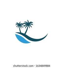 BEACH THEME. Illustration of the wave, coast, palm trees and the sun