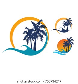 BEACH THEME. Illustration of the wave, coast, palm trees and the sun
