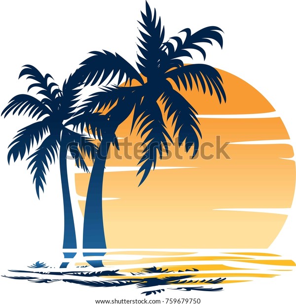 ビーチのテーマ 波 海岸 ヤシの木 太陽のイラスト のベクター画像素材 ロイヤリティフリー